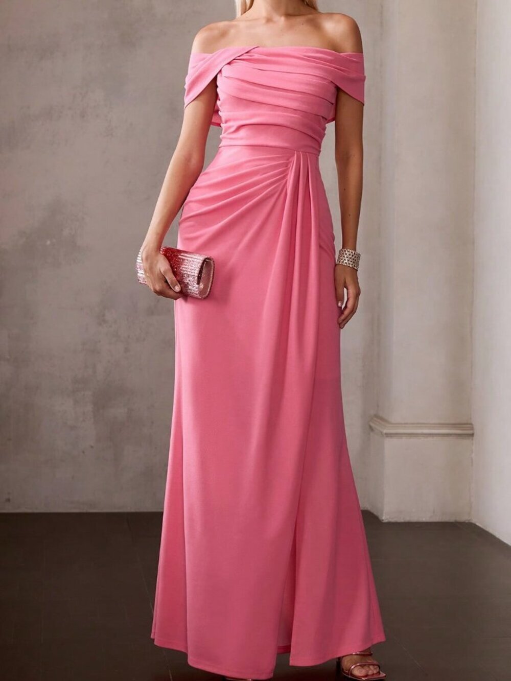 Hot Pink Elegant Women's Ruched Off-Shoulder Long Dress